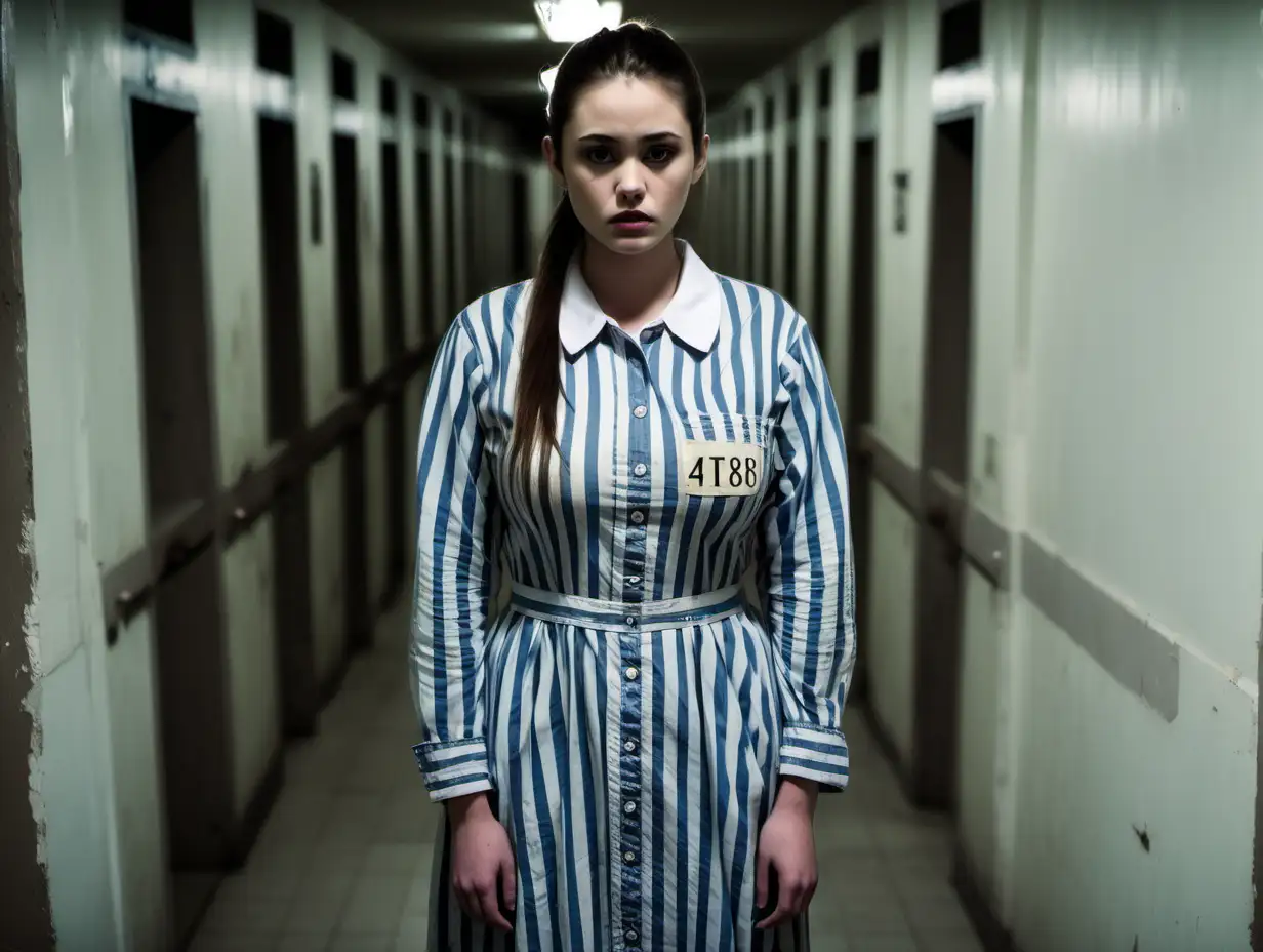 A slim busty (very big breasts) prisoner woman (19 years old, same dress) stand in a prison corridor in worn dirty blue-white vertical wide-striped longsleeve midi-length buttoned prisonerdress (white club collar, a big printed "478" label on chest pocket, brunette short low pony hair,  sad and ashamed ), look into camera