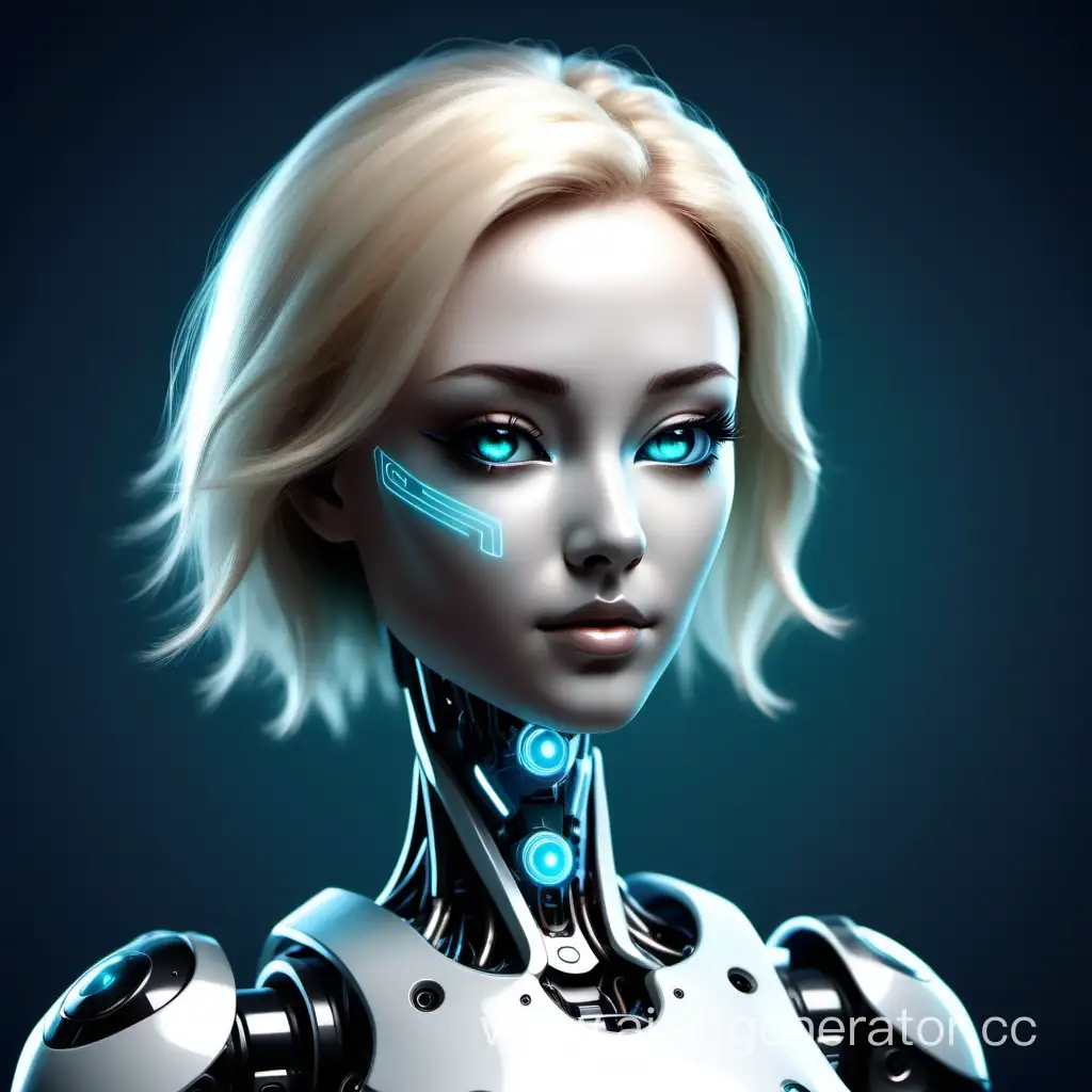 Robot girl, online assistant, personifying artificial intelligence in the form of a logo. I want to put it as the logo of the online assistant in the system. with feminine features, sexy, 18-20 years old and as futuristic as possible. with human elements such as hair, etc., without a headset or headphones. foreground. background is transparent. Without a background, the face should look straight at me, with the body turned slightly to the left. Large and beautiful prominent breasts. “Fox eyes” i.e. cunning but human eyes and long eyelashes. Plump lips. Blonde wavy hair. one eye is blue, the other eye is green. The face is completely human. The face should occupy approximately 55-60% of the frame height. This is for an avatar in a chatbot. Robot neck and body.