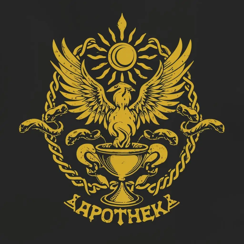 logo, phoenix flying and killing the snakes over a golden, Medicinal chalice front of the Sun and the moon., with the text "ApothekA", typography, be used in Religious industry. No additional letters.