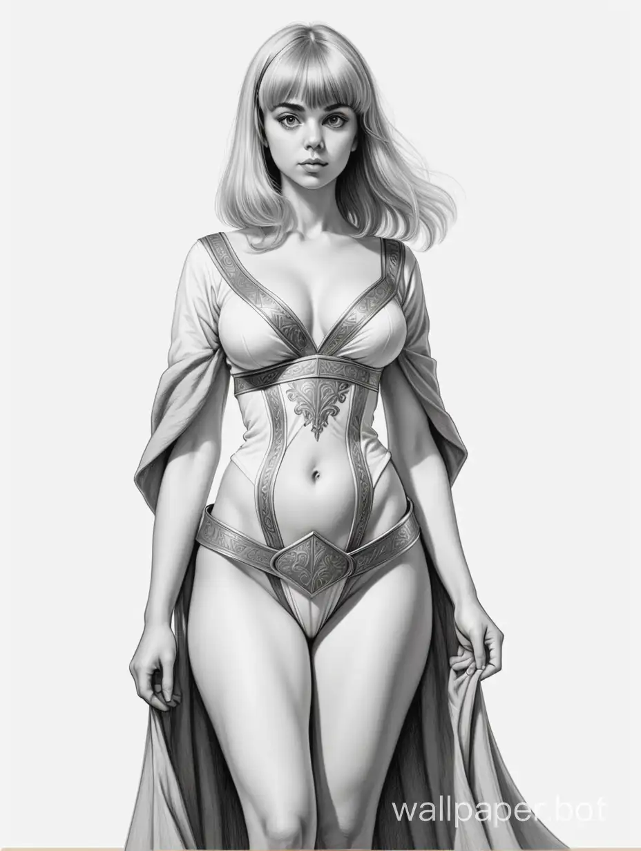 A young girl, resembling Elena Korikova. Chest size 4, narrow waist, wide hips. Short light hair with bangs. Fashionable medieval revealing clothing. Persian goddess. Black and white sketch, white background, full-length, nude style