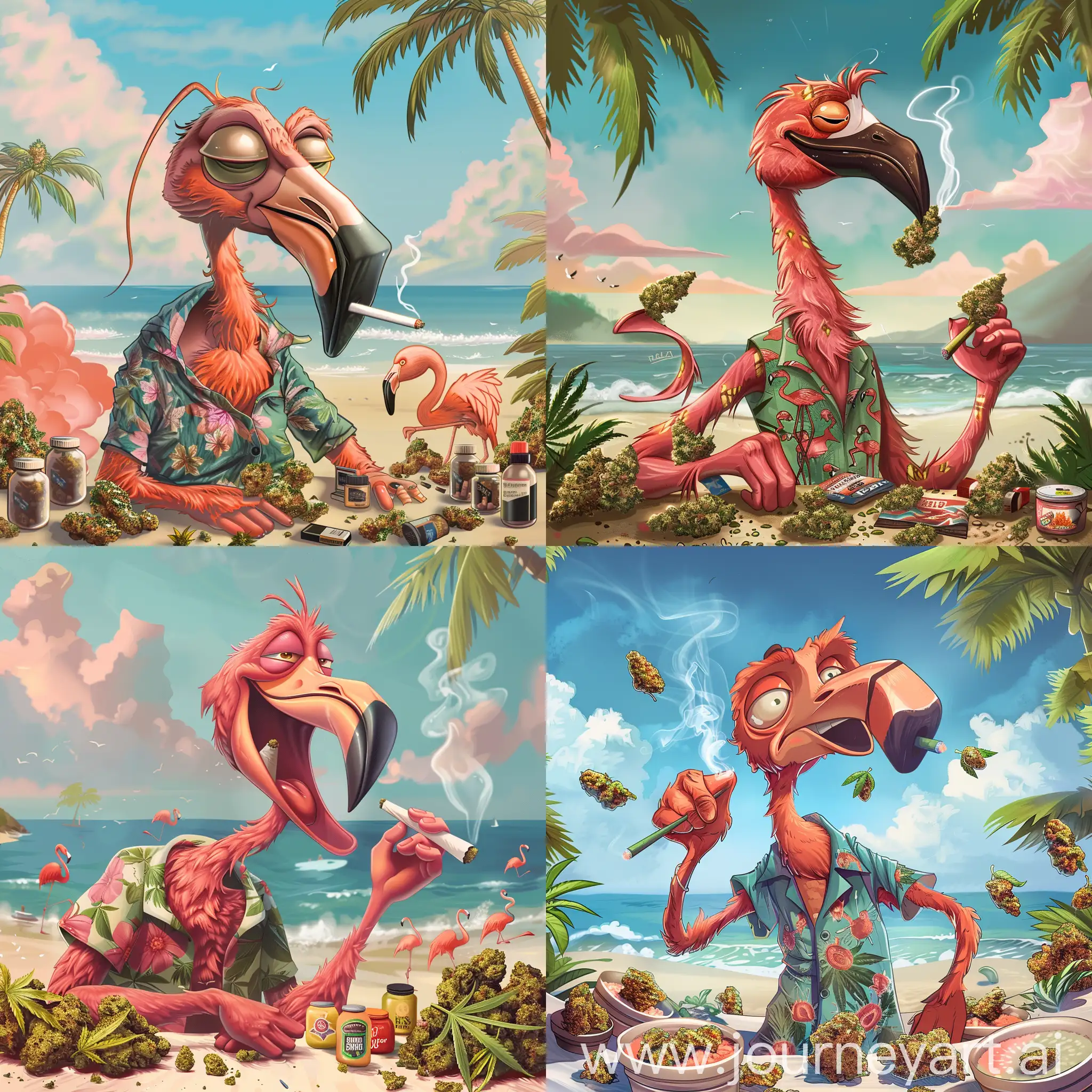 An animated flamingo who owns a cannabis store on the beach surrounded with cannabis and cannabis accessories. The flamingo is wearing a beach shirt and is smoking a joint with a happy look on his face