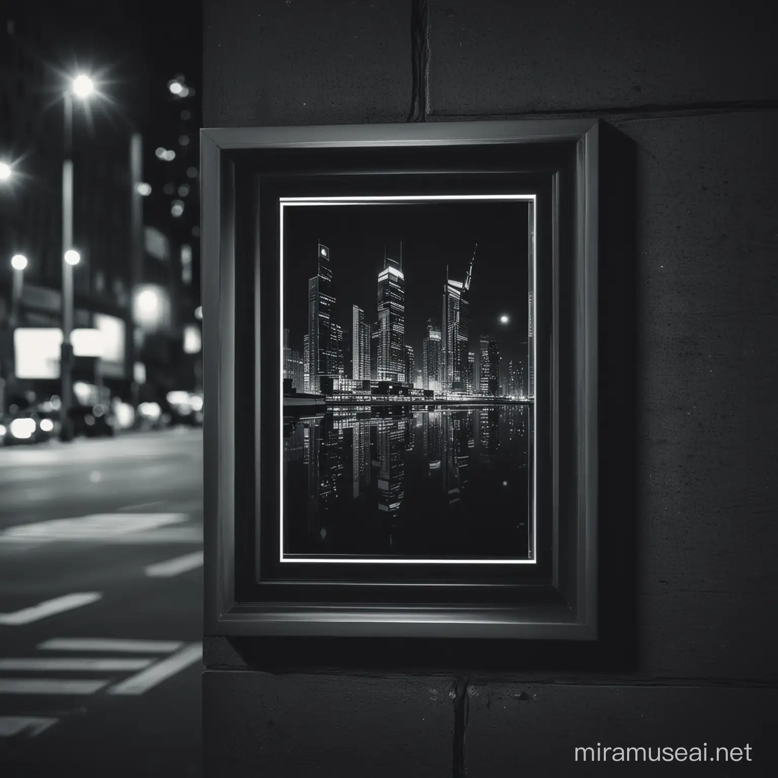 Small A4 black frame mockup outside during the night  in a cyber city