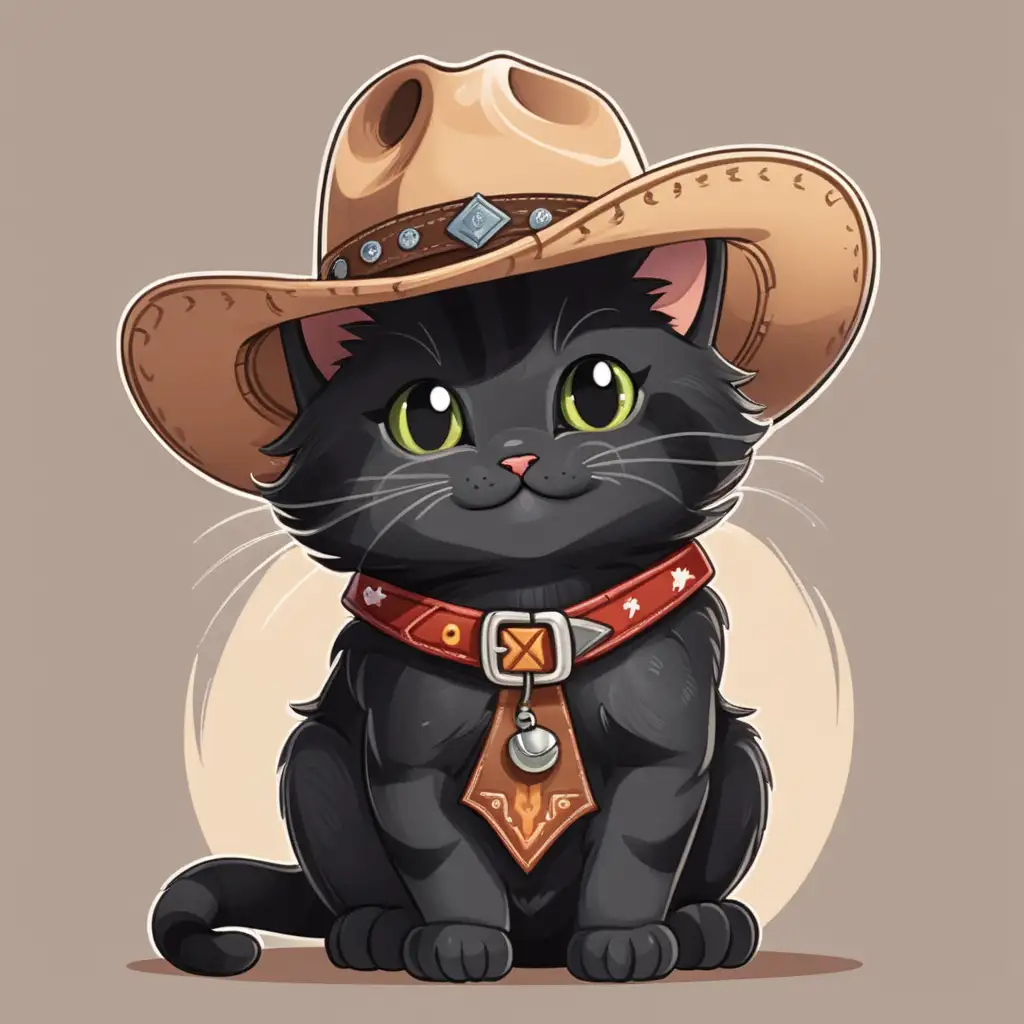 a small cute happy black cat wearing a cowboy hat