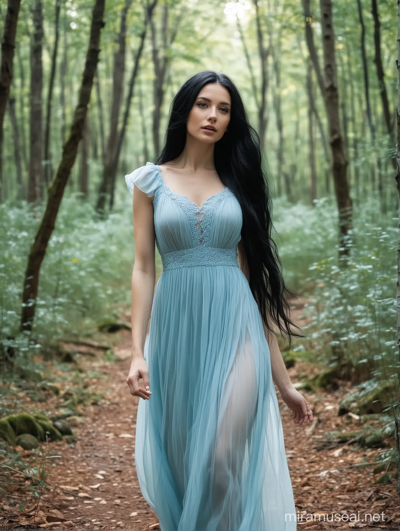 Una mujer en vestido celeste, de cabello negro y largo, de piel blanca muy hermosa en un bosque 