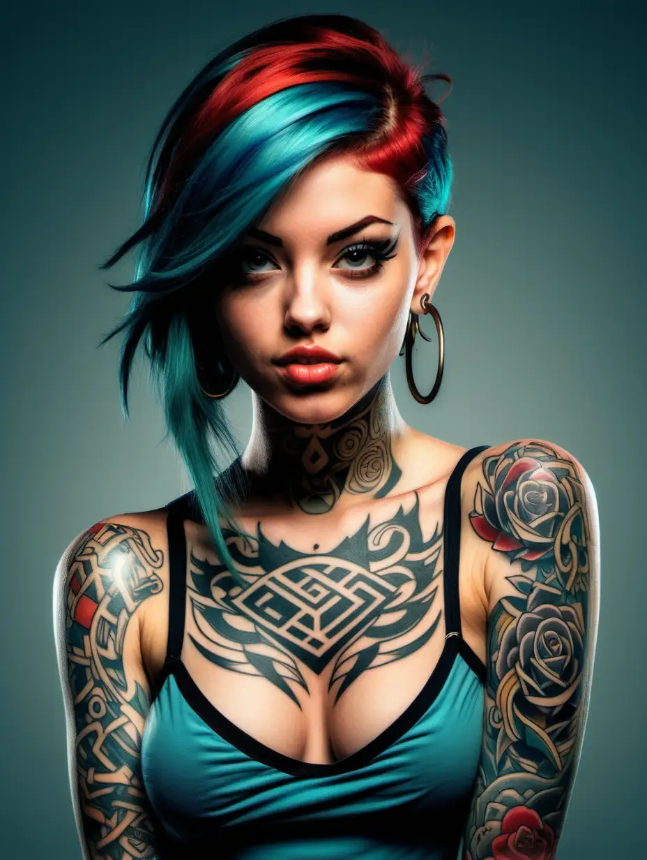 Stylized Comic Portrait of a Beautiful Tattooed Woman Vibrant 916 Art