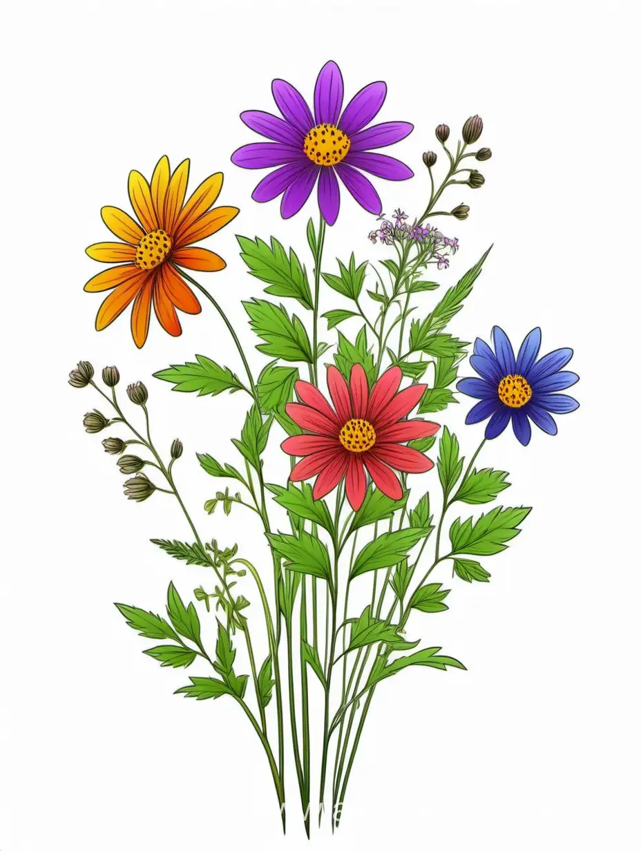 a colorful wildflower lines art, simple, herb, Unique floral, botanical ,grow in cluster, 4K, high quality, white background,