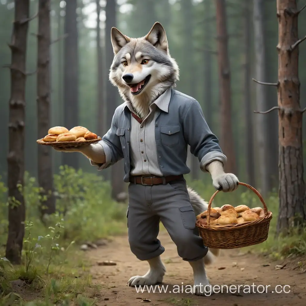 серый волк стоит на задних лапах, одет в штаны и рубашку, в руках держит корзинку с мясными пирожками
