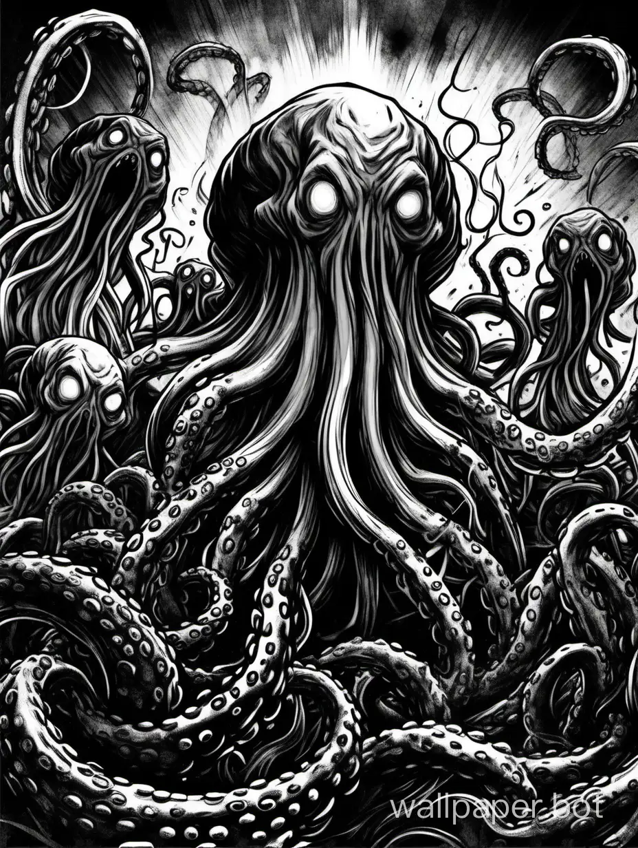 dark tentacles, sketch black drawing, horror, explosive, chaotic