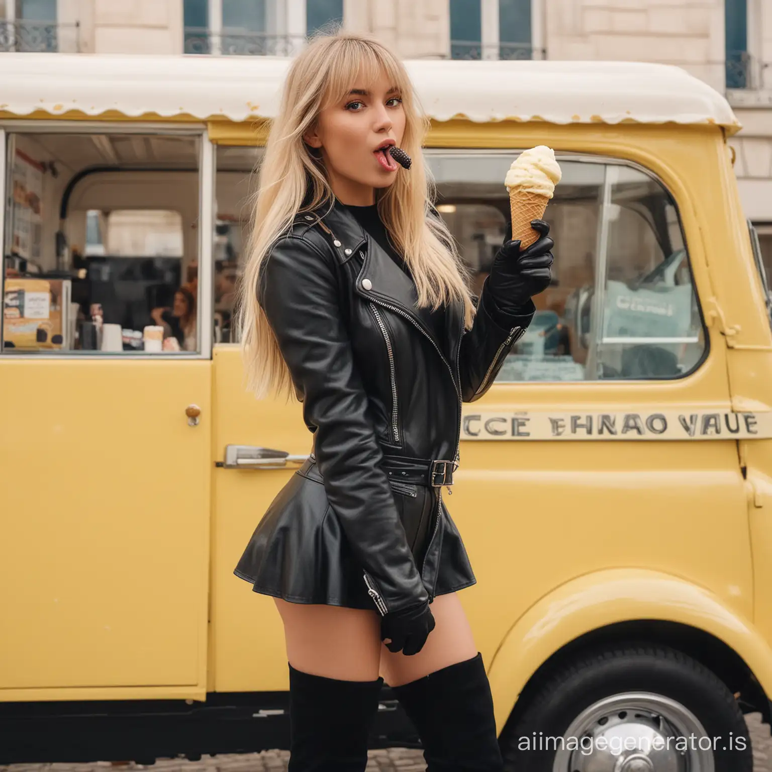 One beautiful young Super Model with l long blond hair, with  bangs hair, black leather  jacket and black high overknee boots and black gloves, standing in front of a yellow and black French Citroen Ice Cream Van for selling Ice Cream. Girl is licking the ice cream with her long tongue.