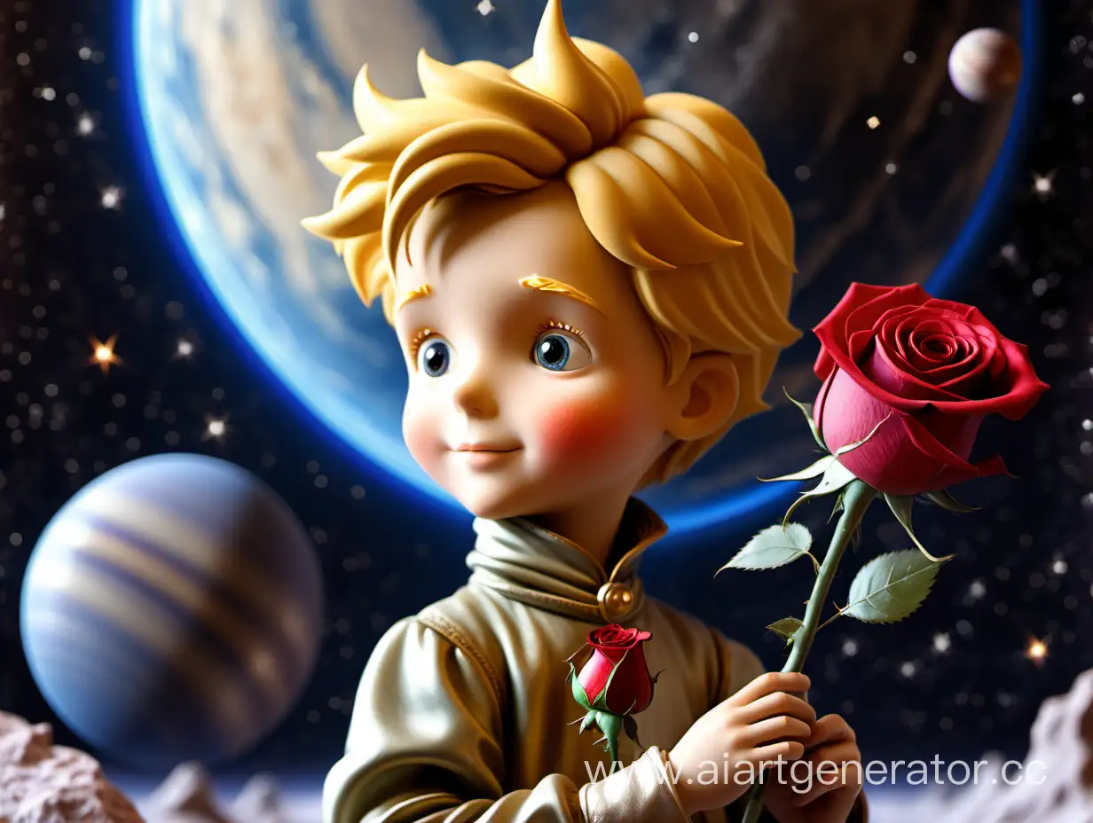 Мальчик принц с розой смотрит вместе с розой на фоне планет
