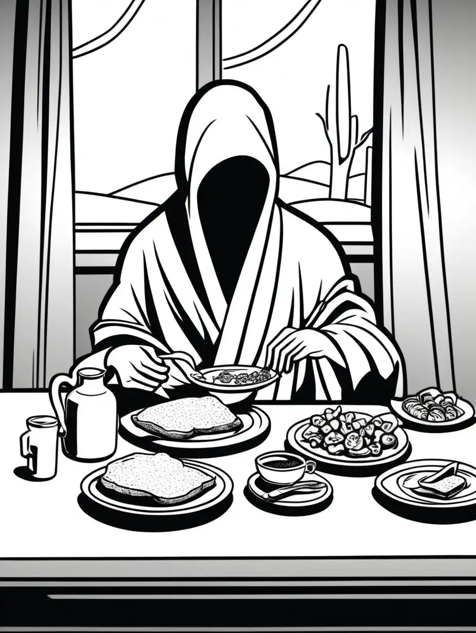 black and white cartoon with simple lines and no shading of a robed figure eating breakfast at a table, the face is not visible
