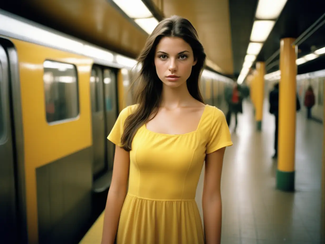 Stylish Brunette Model in Yellow Dress at Subway Station