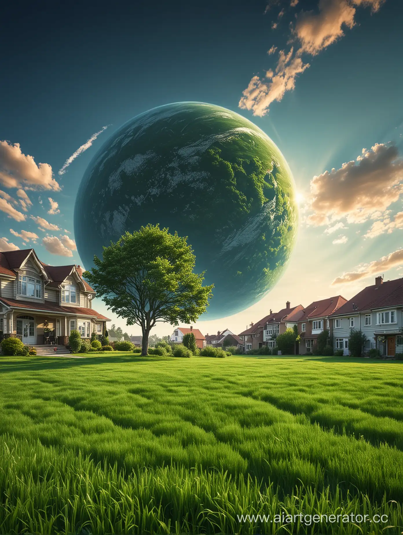 House-by-the-Grass-with-a-Giant-Planet-in-the-Sky