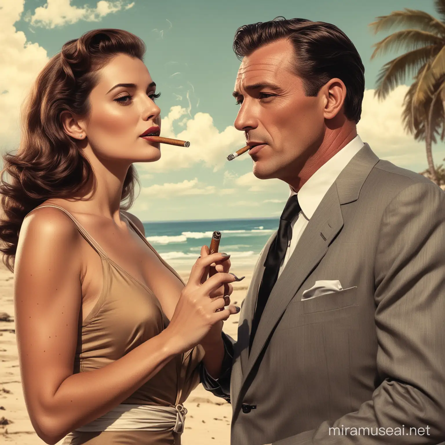  old hollywood comic book style young  cia spy and woman smoking cigar on beach
