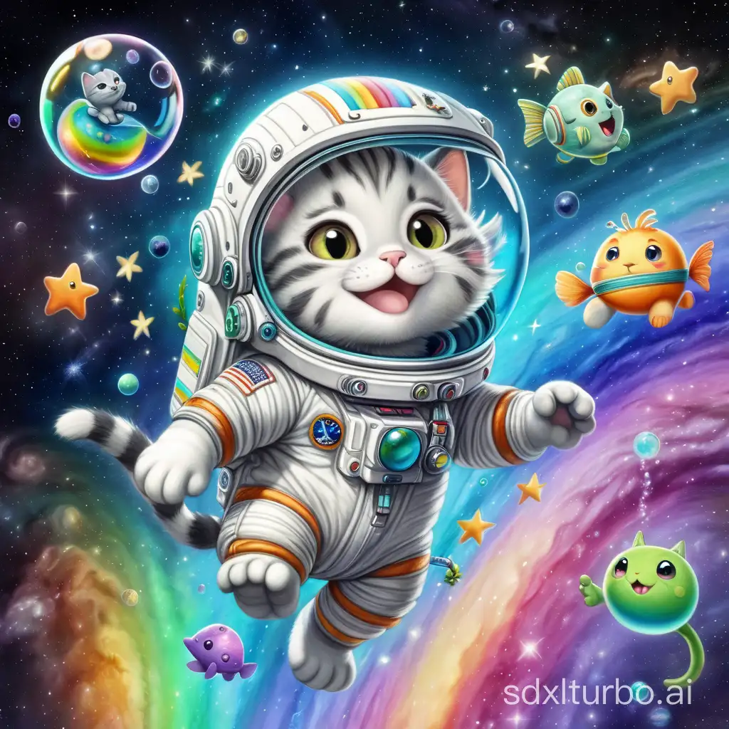 a little grey striped anthropomorphic baby cat in an astronaut suit very happy and excited, he has a plant bud on his helmet as he goes into outer space, he has a glowing fish inside a bubble that floats around him releasing rainbow stars, they are on their way to an adventure through the colorful nebulous galaxy.