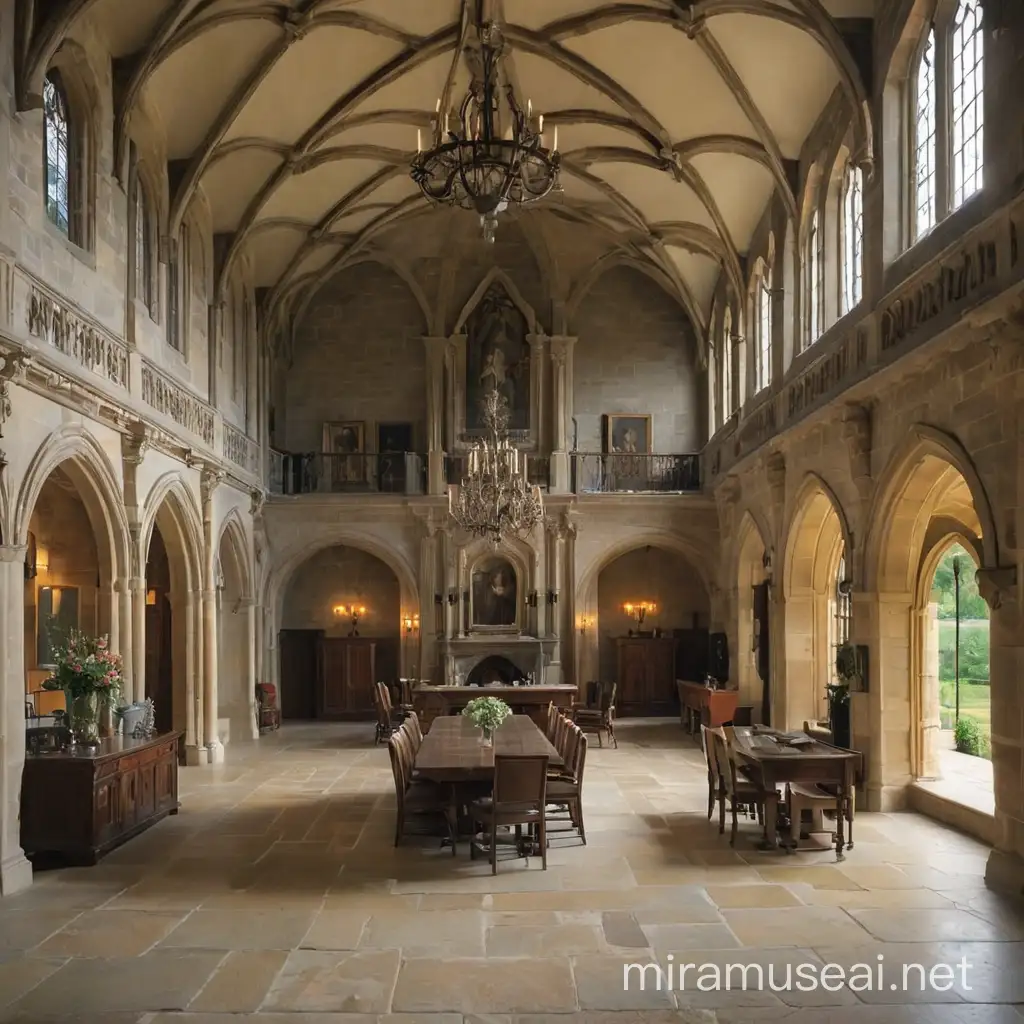 a great hall in a stone manor house