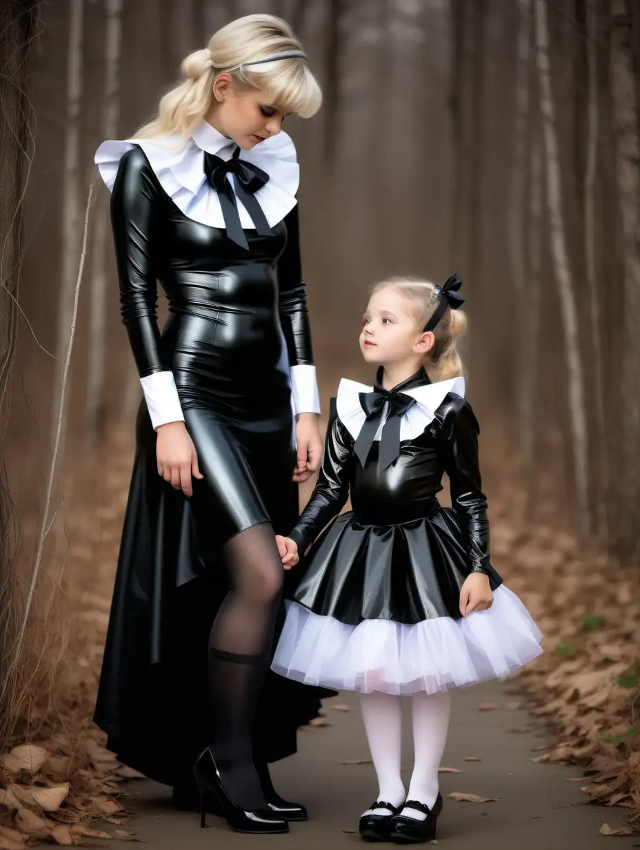 portrait of blond Little Girl 9 years old with braid wearing a black   long-sleeve blouse with big ribbon-bow collar and softly gathered white   skirt kneels on both knees before her fairy godmother wearing a short black  dress with high collar-bow around neck and long sleeves full body profile, with mother in faery costume with black pantyhose, high heels stiletto, short shiny black latex bodycon dress