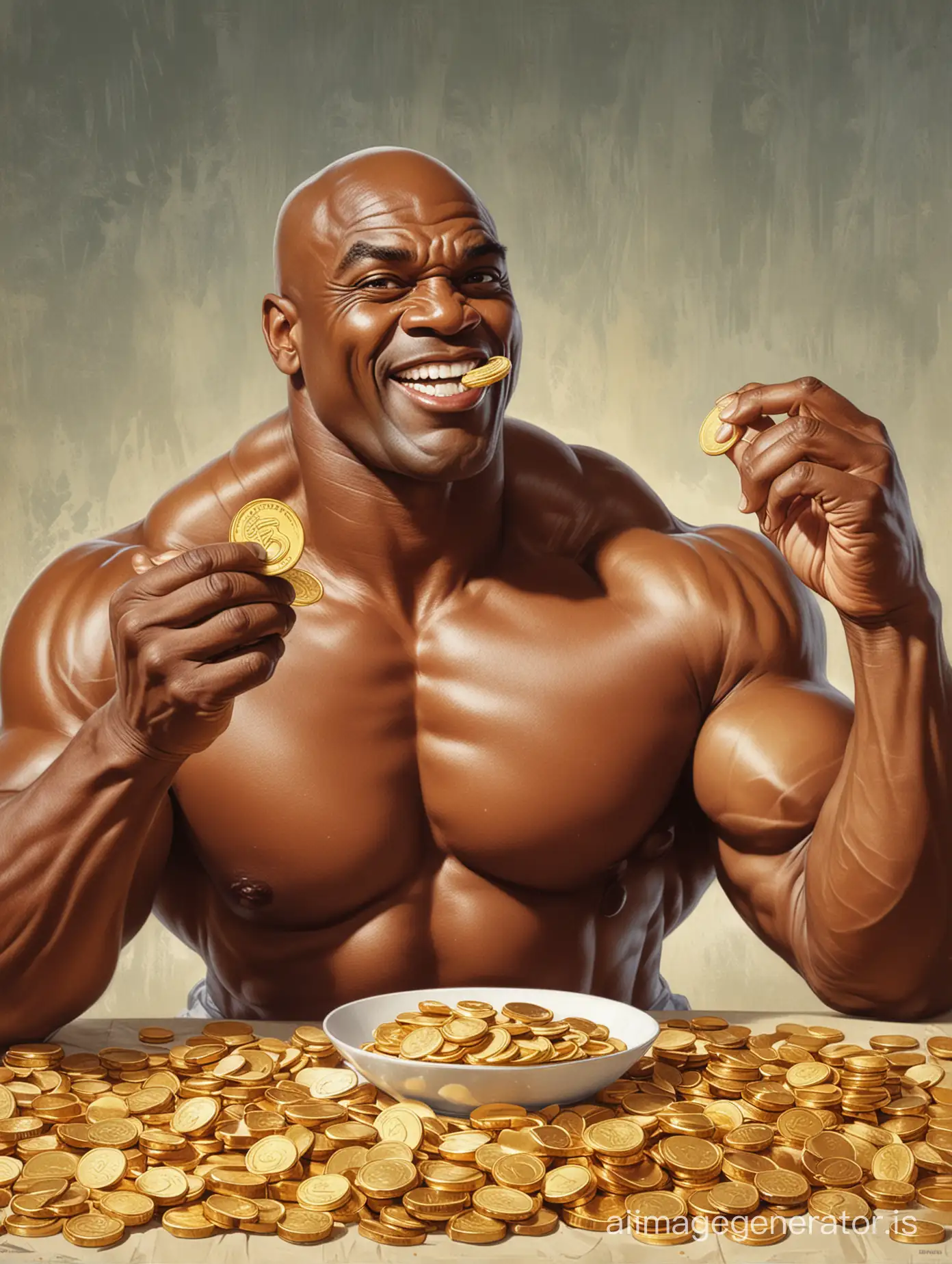 vintage communist propaganda poster
illustration of Ronnie Coleman eating gold coins for breakfast and pointing up