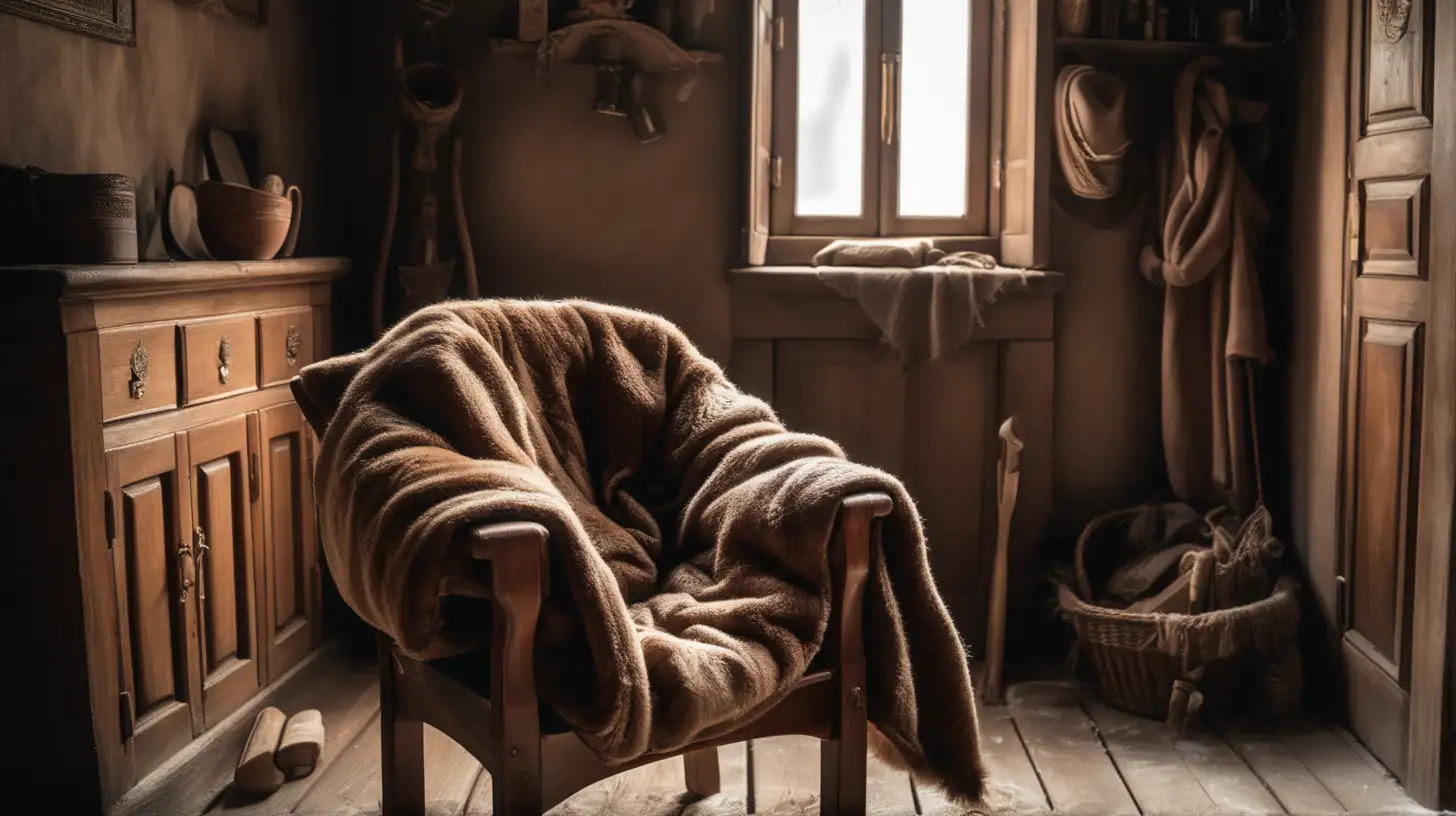 epoque biblique, un gros manteau marron d'hiver épais posé sur une chaise en bois dans la maison d'un pauvre, ambiance magique et chaleureuse
