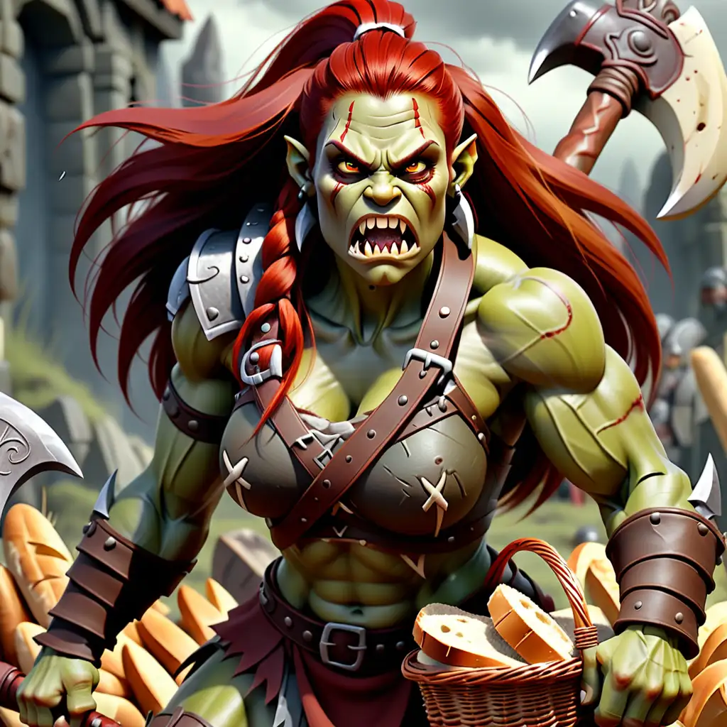 Fantasy style.  Female half orc half human with strong menacing features, orc tusks in the mouth, muscular, with long red hair, red eyes, gray skin. Holding large battle axe. Holding a basket of bread.