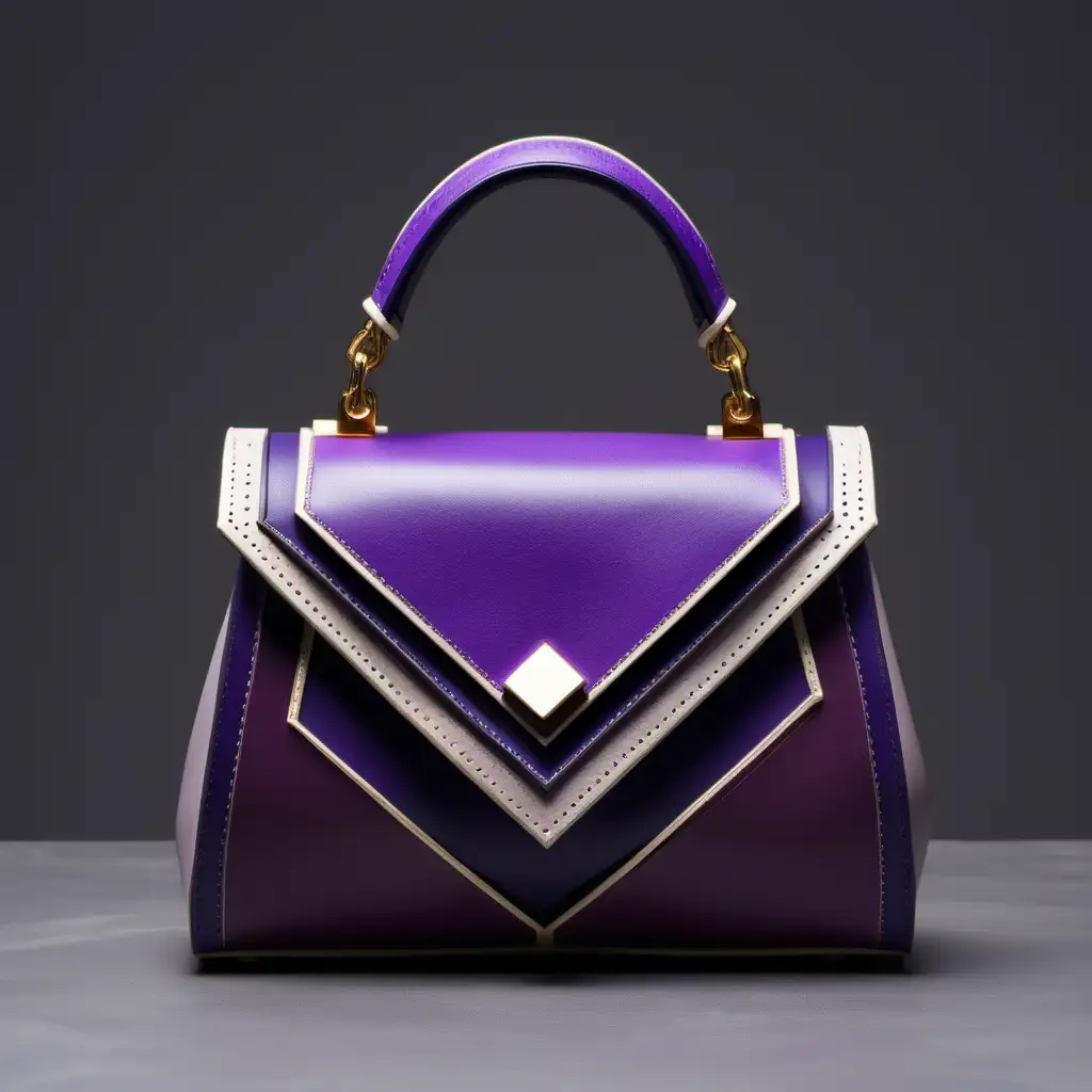 Mini luxury leather bag - frontal view - arabesque inserts color contrast with geometric design- violet shades