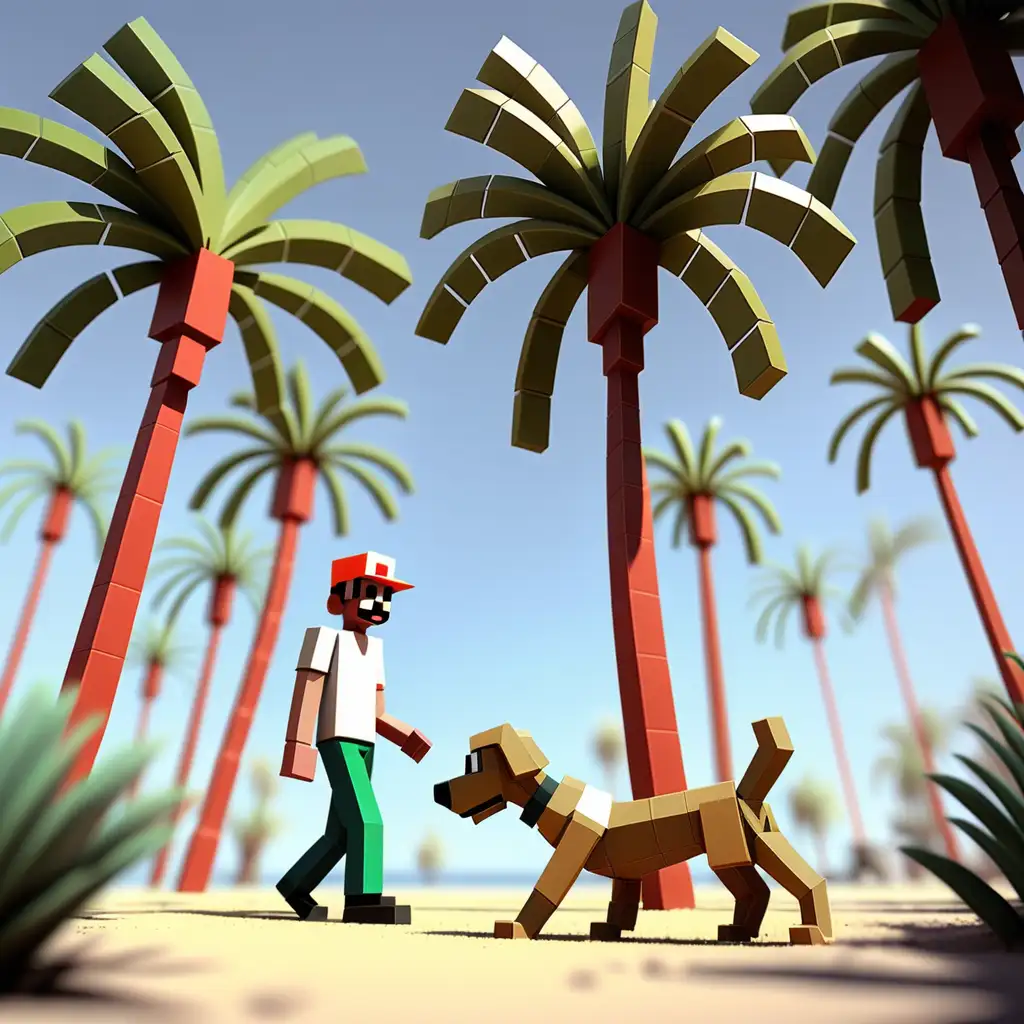 Малко пиксел  човече + разхожда пиксел куче под палми
