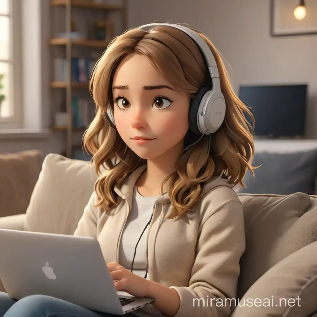 3d image of a girl with light brown shoulder-length hair, sitting on the sofa with the computer on her lap and headphones
