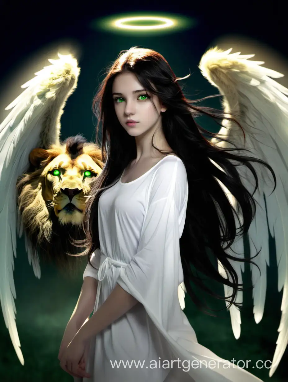 Angel, girl, six wings, long dark hair, green eyes, lion
