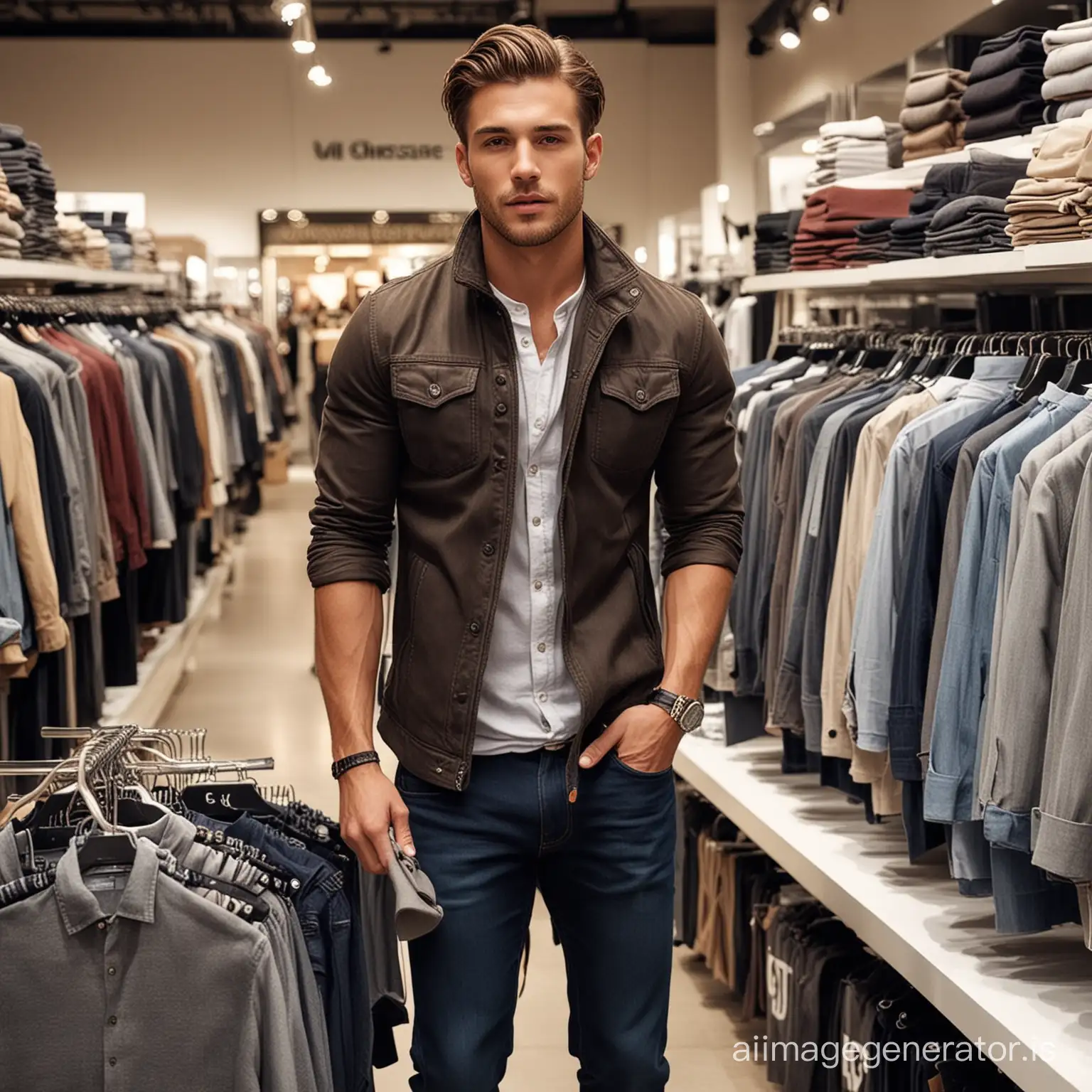 I want to see what the ideal shopping experience with men all races inside clothing store photos for a magazine cover that are satisfied emotion
