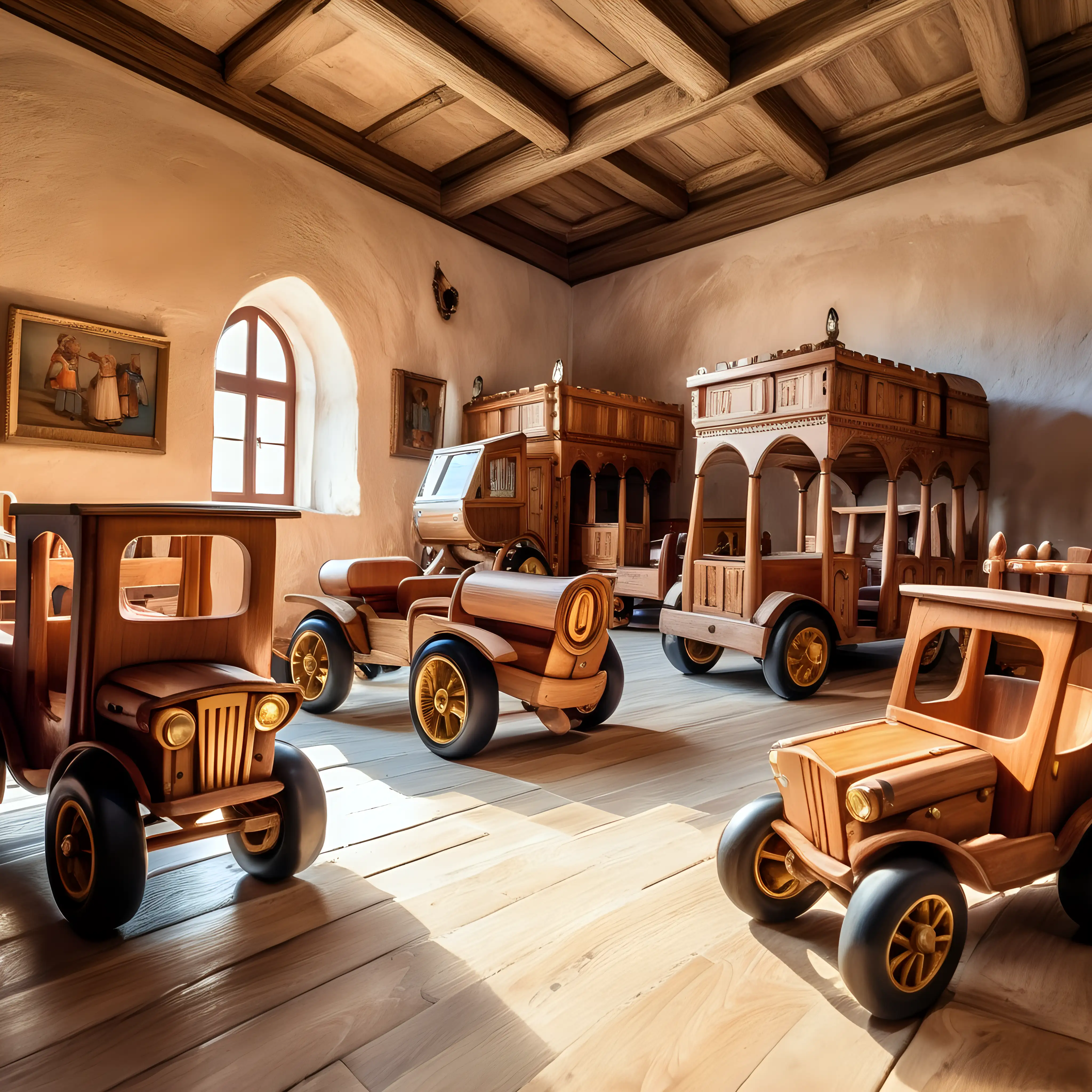 Im Mittelpunkt steht das mittelalterliche Kinderzimmer im Palast in Stari Bar Montenegro mit seinen vielen hölzernen Fahrzeugen. Pixar Styl. 
