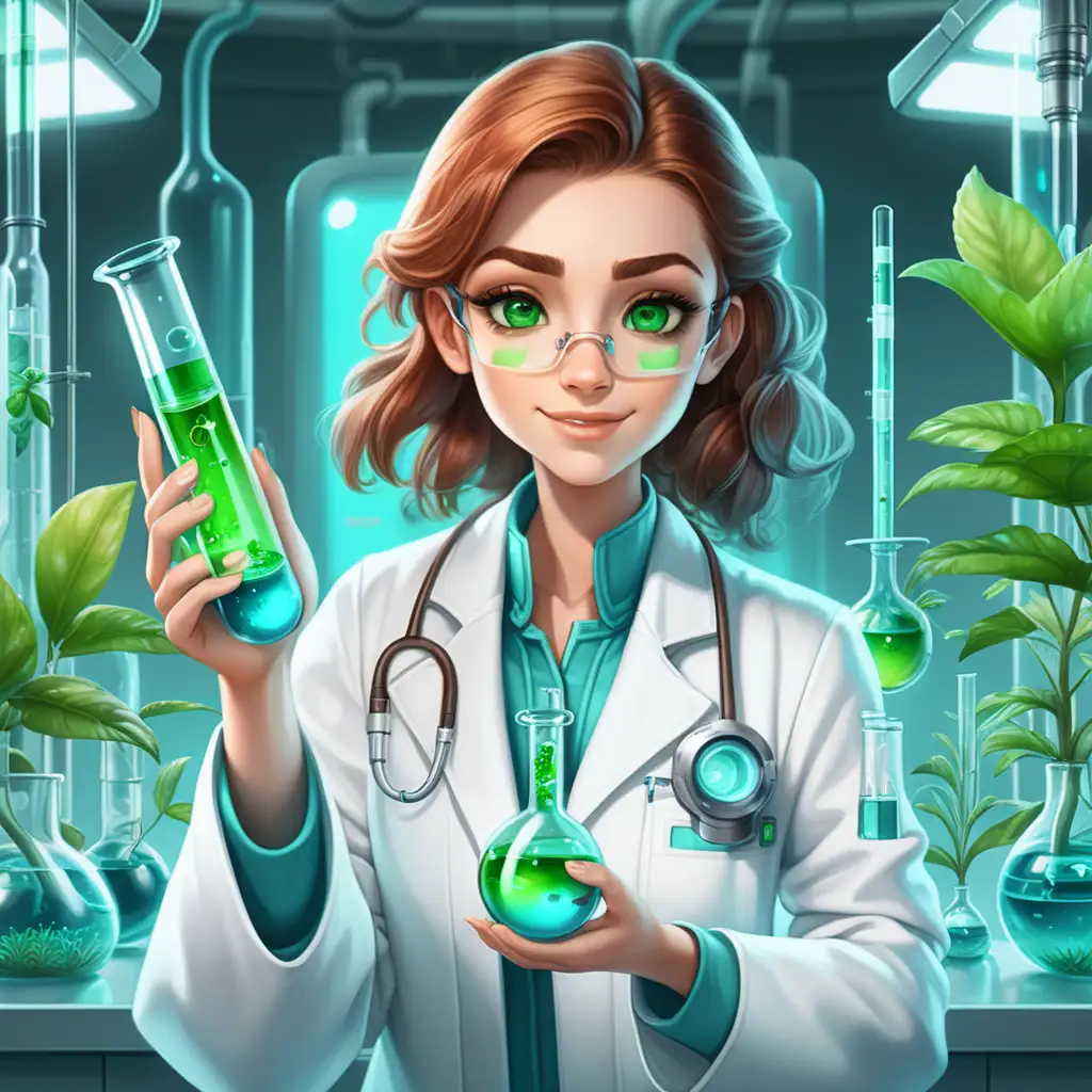 dentro de um laboratorio futurista com jardim e plantas , crie uma mulher avatar feliz com olhos verdes com jaleco branco e cabelos morenos, olhando para a camera e segurando um tubo de ensaio com liguido azul