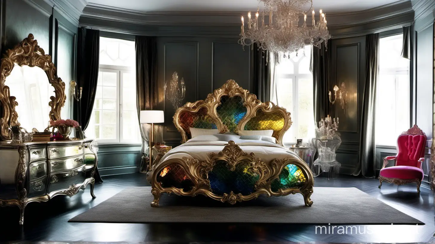 In a lavish and artistic bedroom, a metallic, iridescent Rococo bed gleams with an array of colors. The wall behind it shares a similar finish, creating a harmonious aesthetic. To the left, an ornate stained glass mirror adds an element of luxury. The dark floor contrasts with the gleaming surfaces, making this bedroom feel more like an art piece than a functional space.