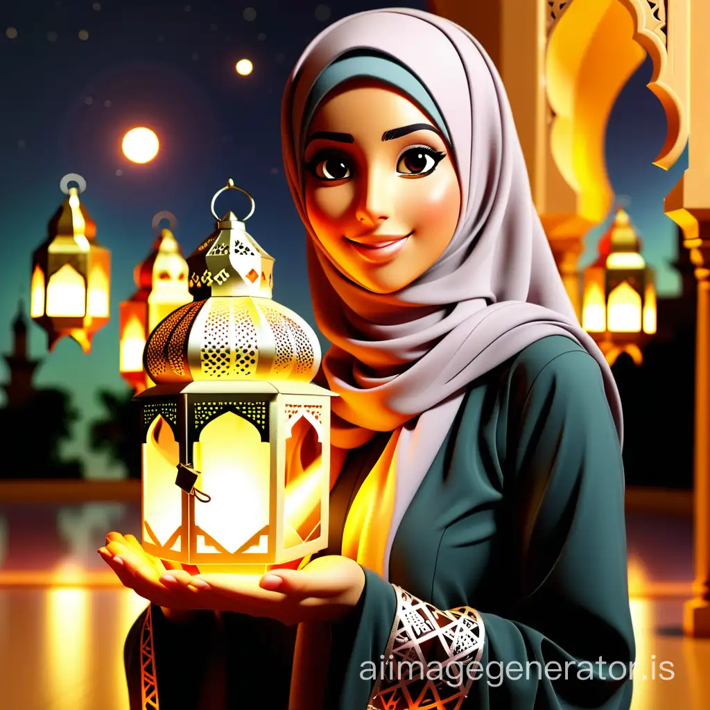 hijab woman holding Ramadan lantern
