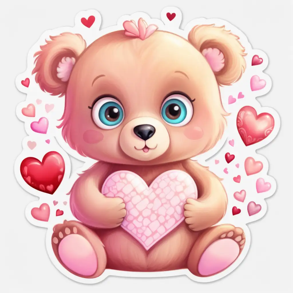 whimsical, fairytale, bright,colorful
,cartoon, cute pastel baby bear, big eyes,with glowing heart on the belly, beautiful valentine background,   with valentine hearts around, sticker,white background