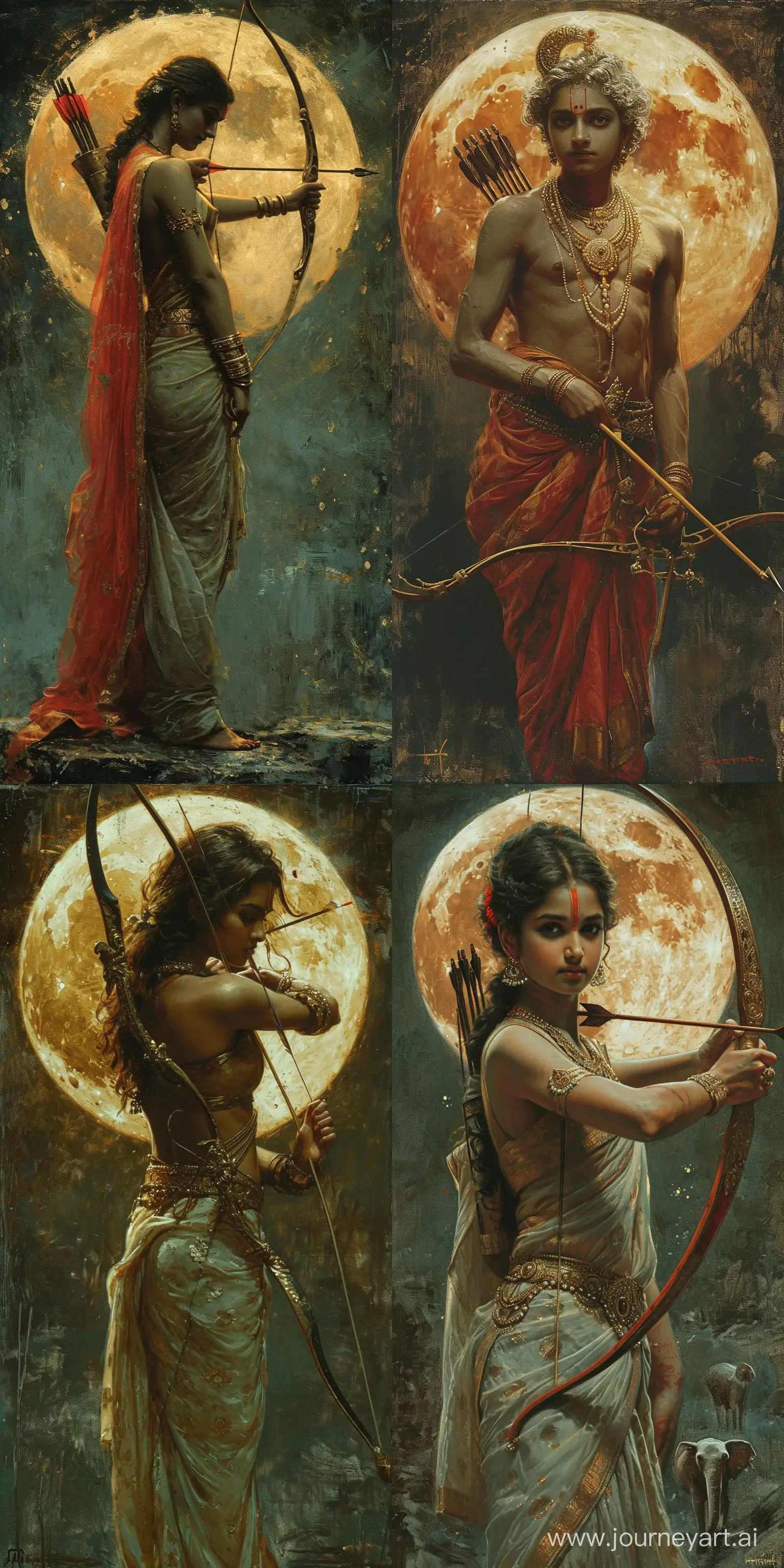 canvas painting of young beautiful LORD RAM holding bow and arrow behind Ram moon --ar 1:2 --stylize 750 --v 6