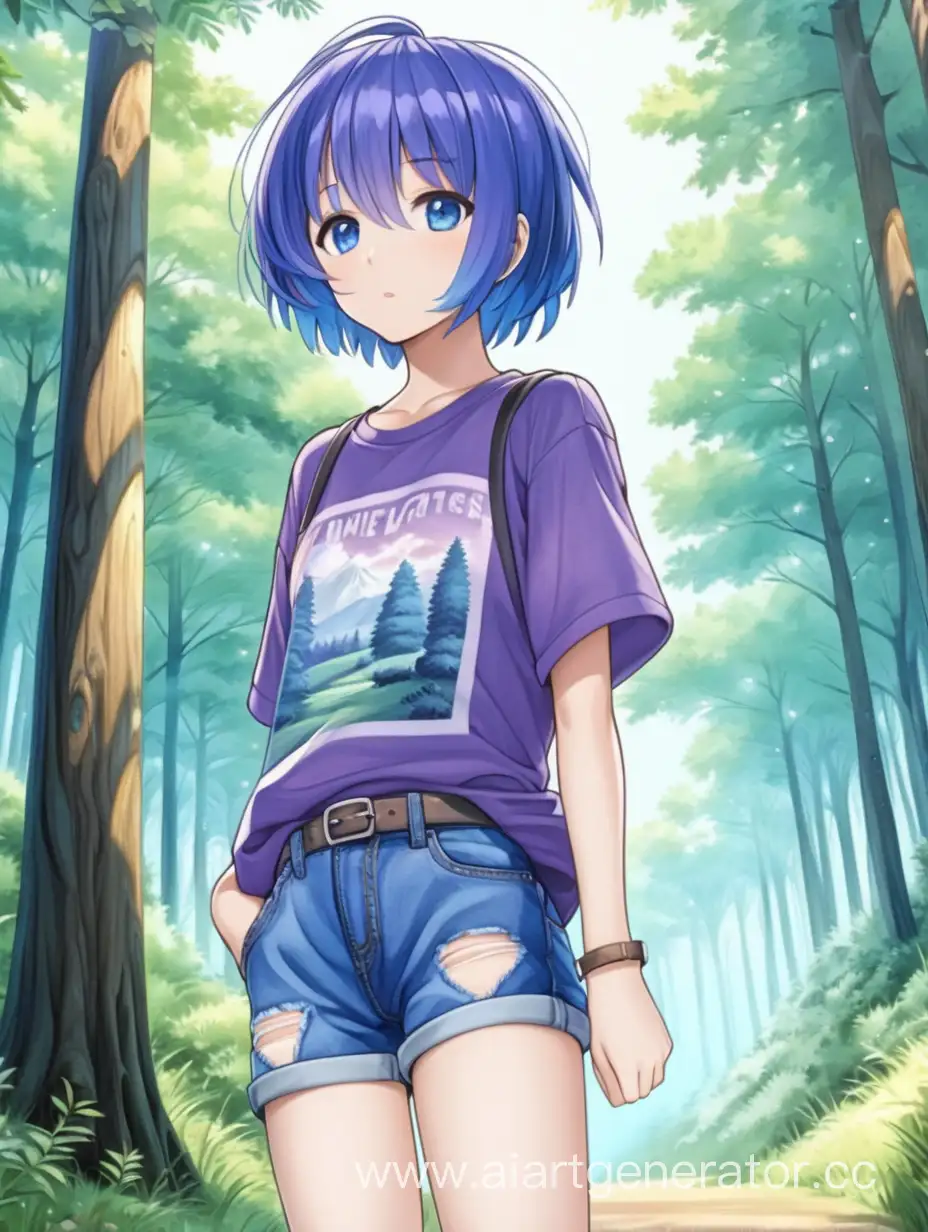 аниме девочка синие волосы короткие волосы 
голубые глаза летняя одежда 
лес  хмурая шорты джинсовые футболка фиолетовая 

