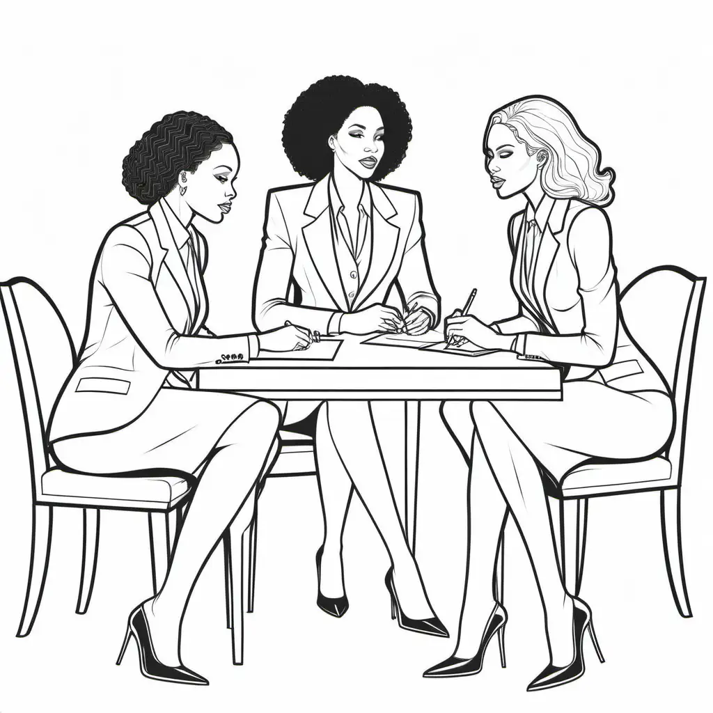 Kids coloring page, b&w lineart, simple, outline, white background, African-American, three women sitting at a table in suits and heels talking to each 