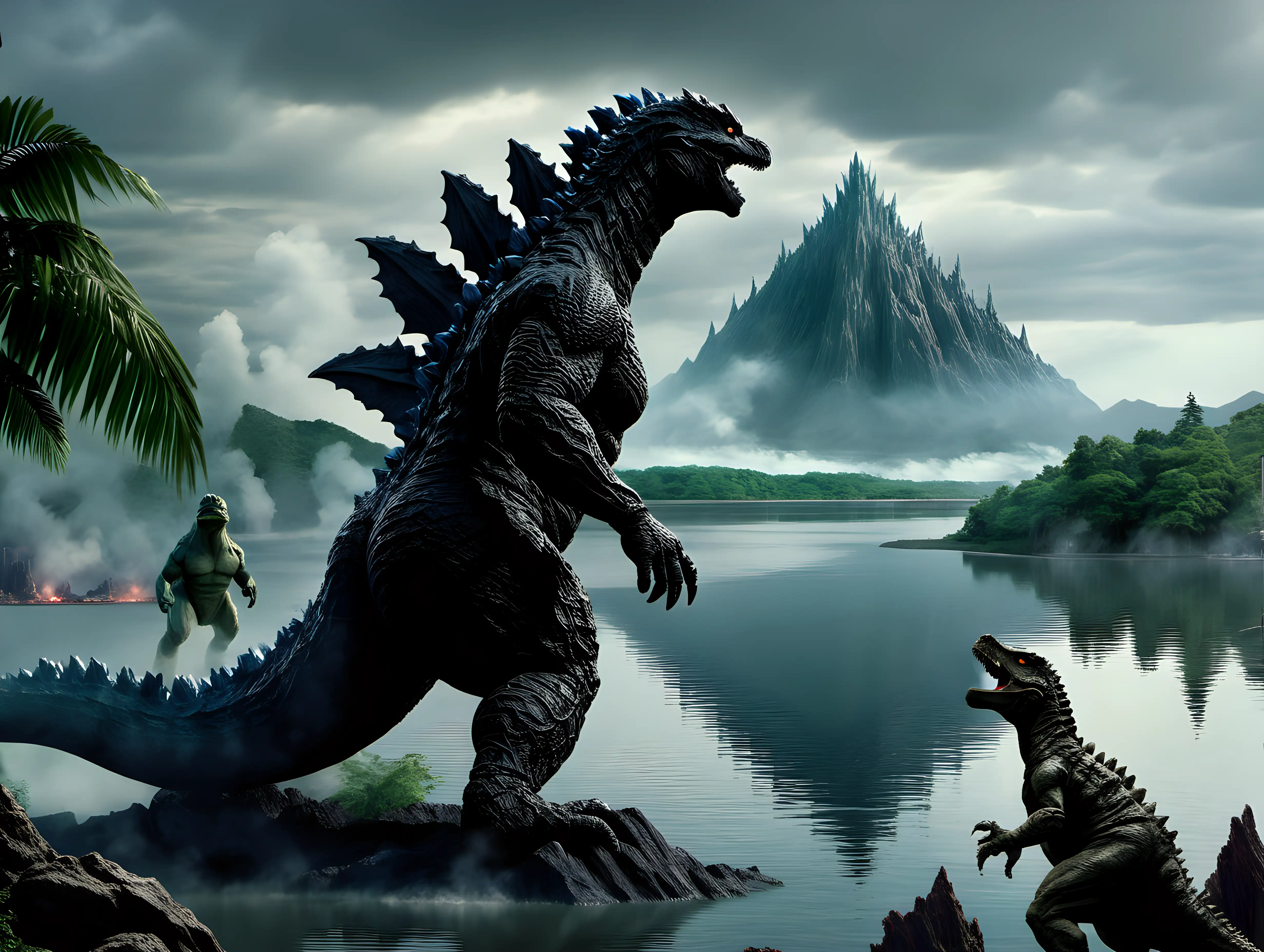 Godzill looking across a lake at an island full of dinosaurs