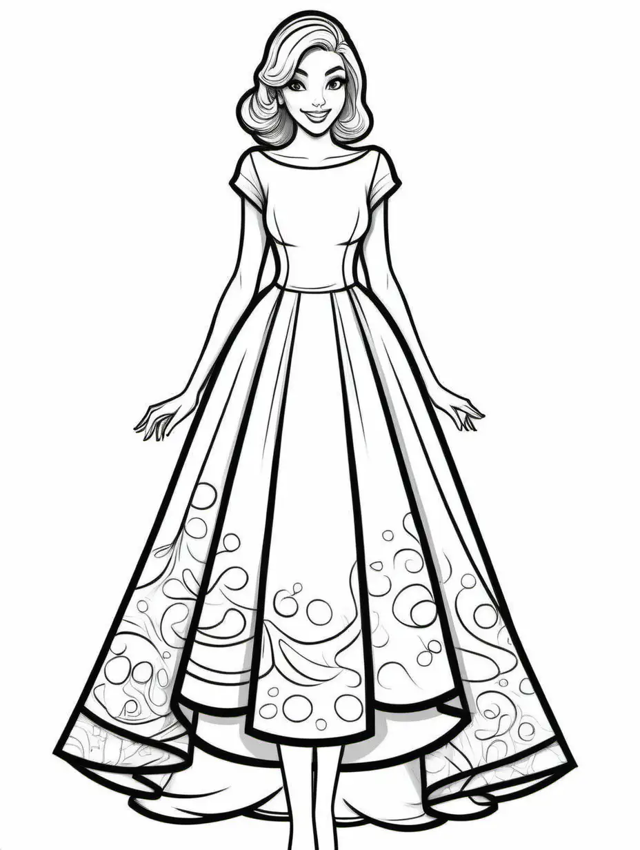 party dress with sleeves, show the bottom of the gown, show the sides of the gown for coloring book, cartoon style, black and white, thick black lines, show 2 inch margin on the bottom of the page