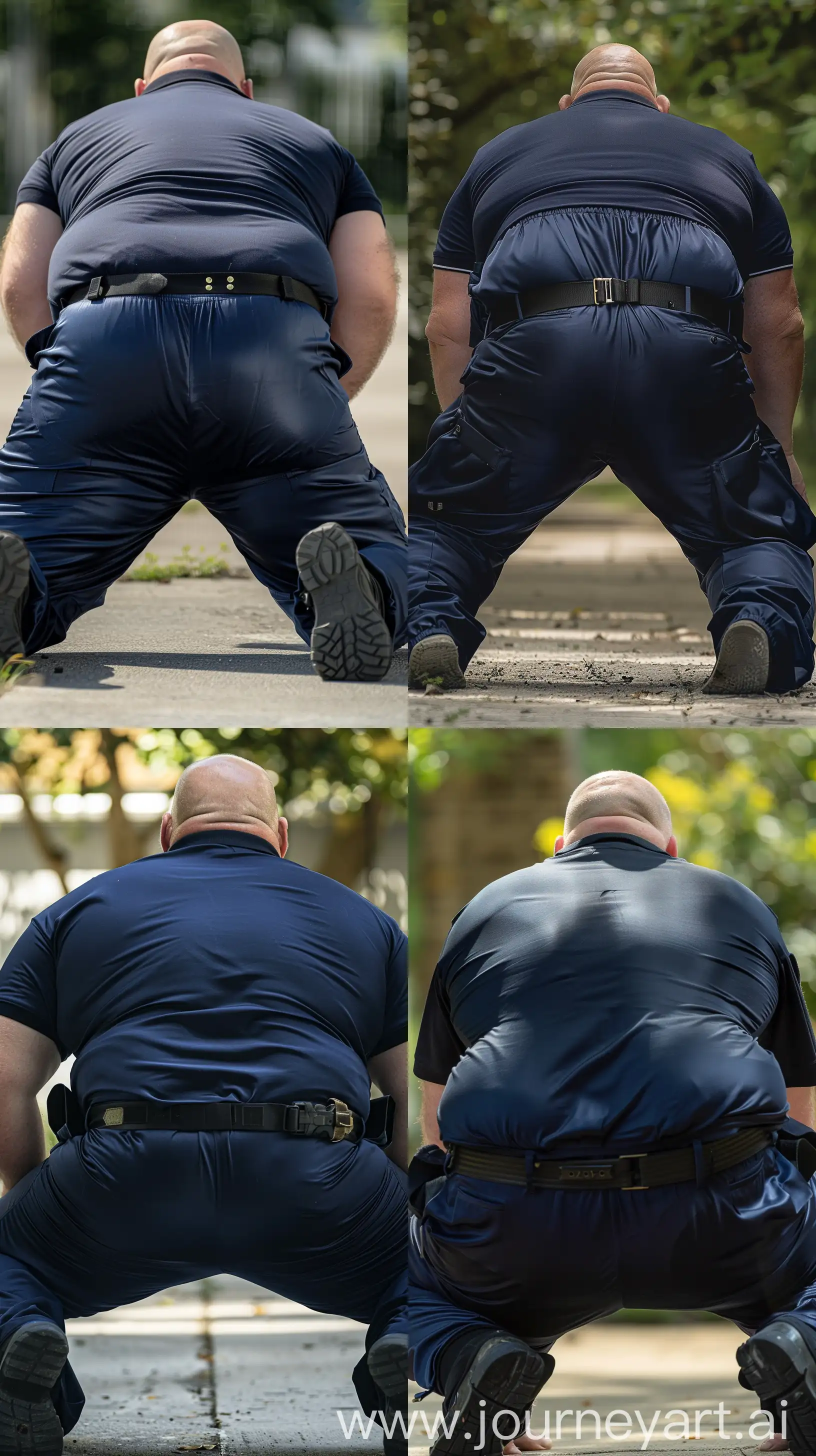 Back view close-up photo of a fat man aged 60 wearing silk navy blue tight battle pants. Tucked in silk navy sport polo shirt. Black tactical duty belt. Falling on both knees on the ground. Outside. Bald. Clean Shaven. Natural light. --ar 9:16