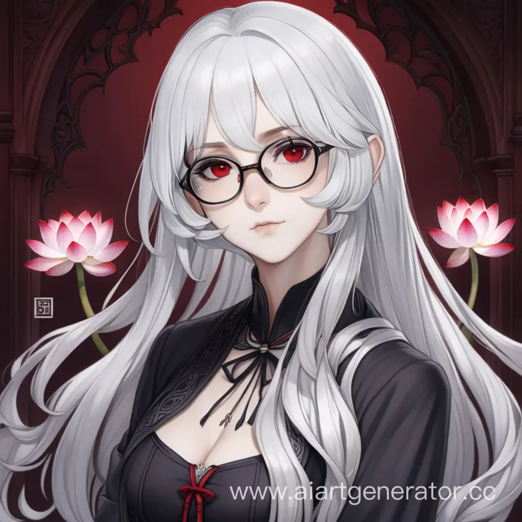 White hair, glasses, therapist, alluring, Gothic, young adult, red eyes, long hair, lotus flower, athletic