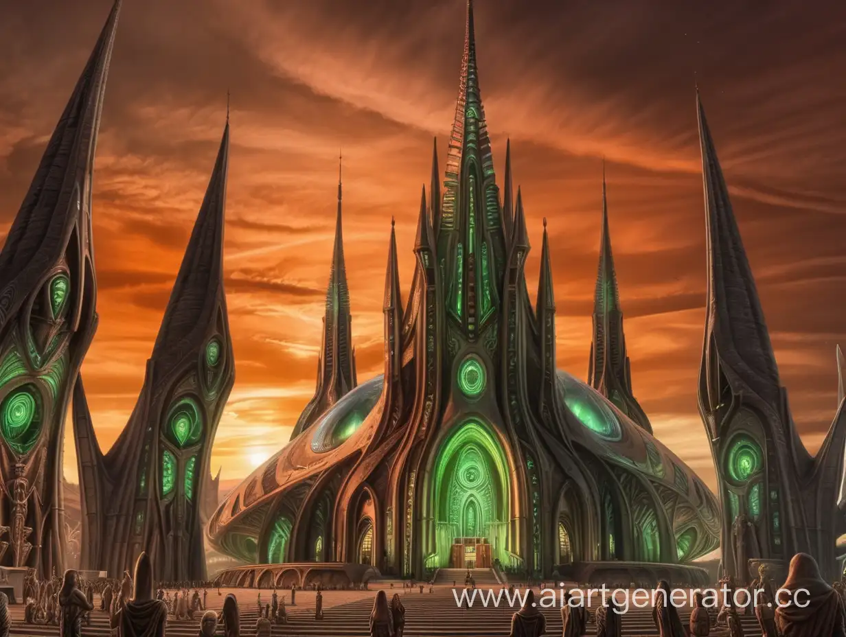 alien church, huge, green and black and brown, orange and red sunset, many towers , statues of aliens on the church, engravings, fantasy