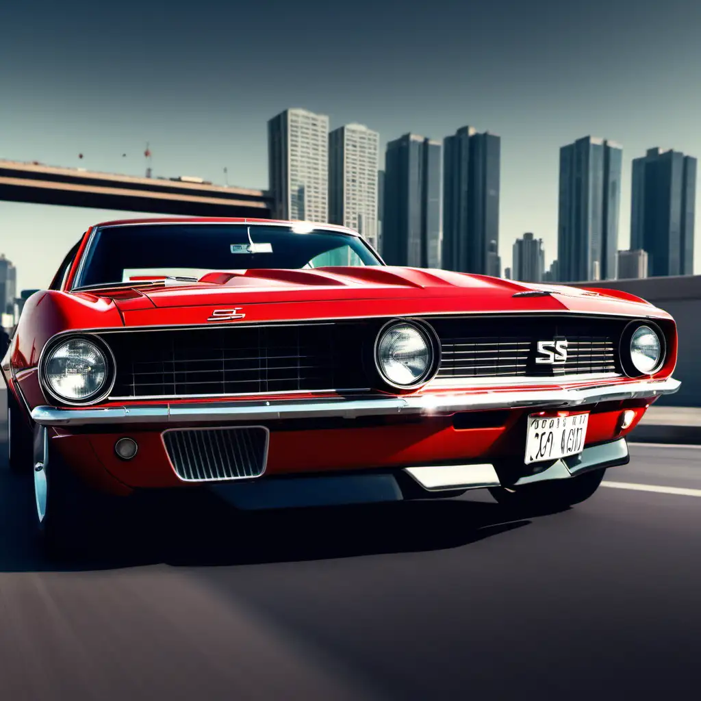 1967 red Chevrolet Camaro SS on a road against a city background  