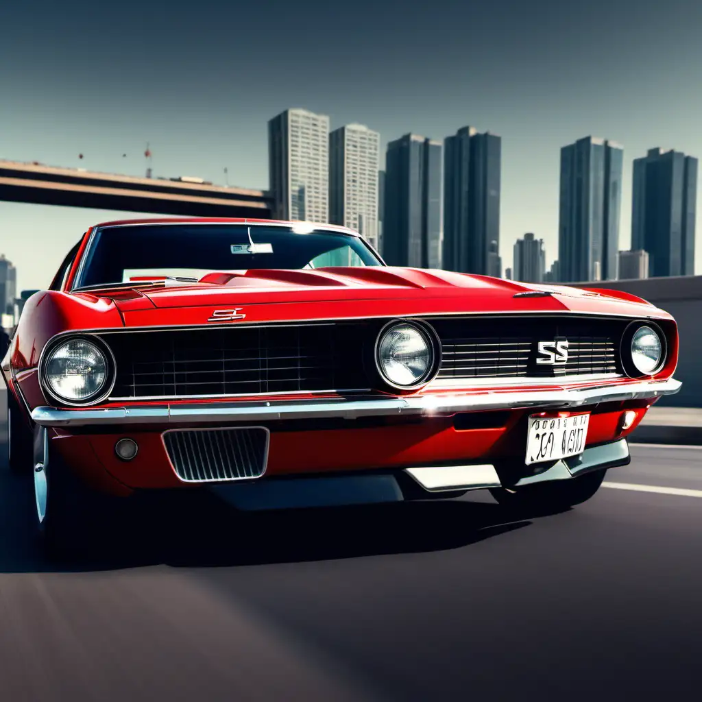 Classic Red Chevrolet Camaro SS Cruising City Streets