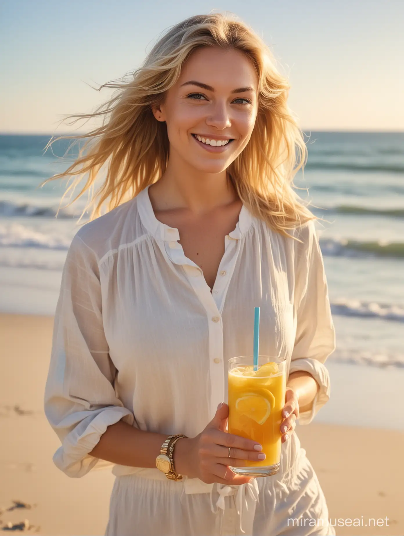 Watercolor portrait, happy adult Caucasian blonde woman on beach, holding non-alcoholic healthy drink with lemon, gaze fixed straight on camera, sun-kissed skin, gentle sea breeze tousling her hair, background of ocean horizon meeting soft pastel sky, reflection of the sun casting a warm glow, glittering sands beneath her feet, casual beach attire, relaxed posture, candid expression, golden hour lighting, vibrant, highly detailed, digital painting
