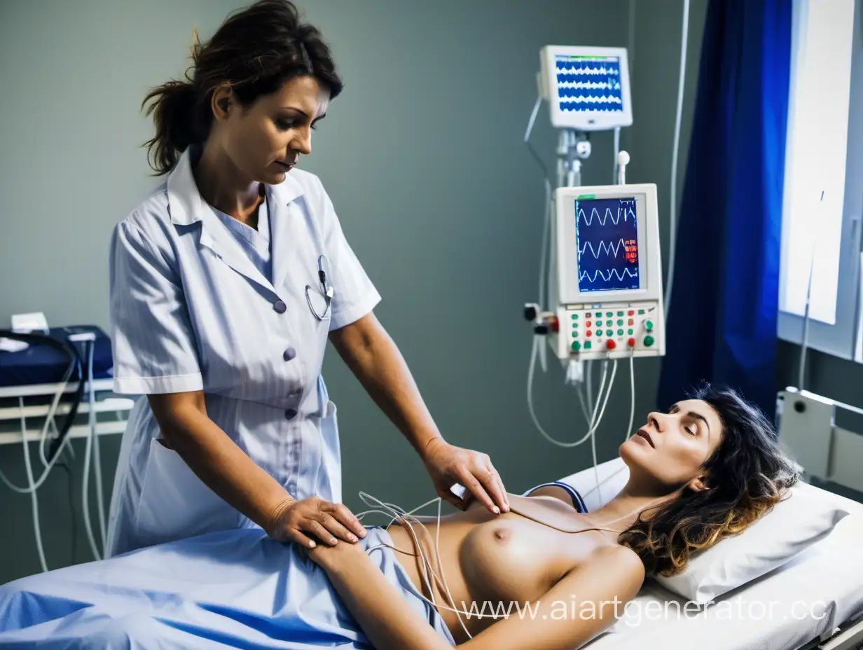 
French woman undergoing ecg exam Sitted on hospital bed