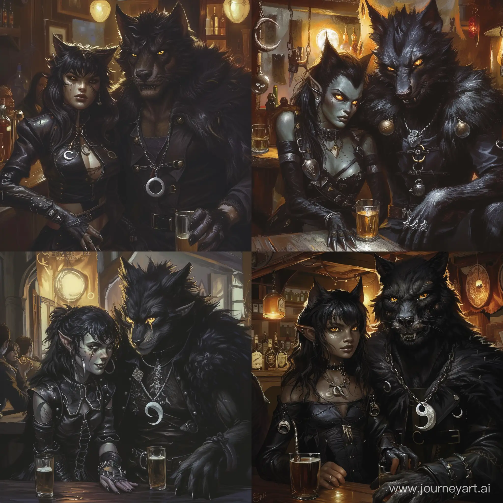 A rogueish humanoid girl werecat with sleek black fur and glowing golden eyes, Nimble and lithe, with retractable claws and a tail that twitches with anticipation, Cloaked in dark leathers, with silver moon-shaped pendants adorning a collar around his neck, accompanied by a lycanthropic man warrior with a ferocious and untamed presence, Feral golden eyes that burn with primal instincts and a mane of wild, dark hair, Cloaked in a shapeshifter's pelt, drinking in a tavern, 1970's dark fantasy style, grim dark, gritty, detailed