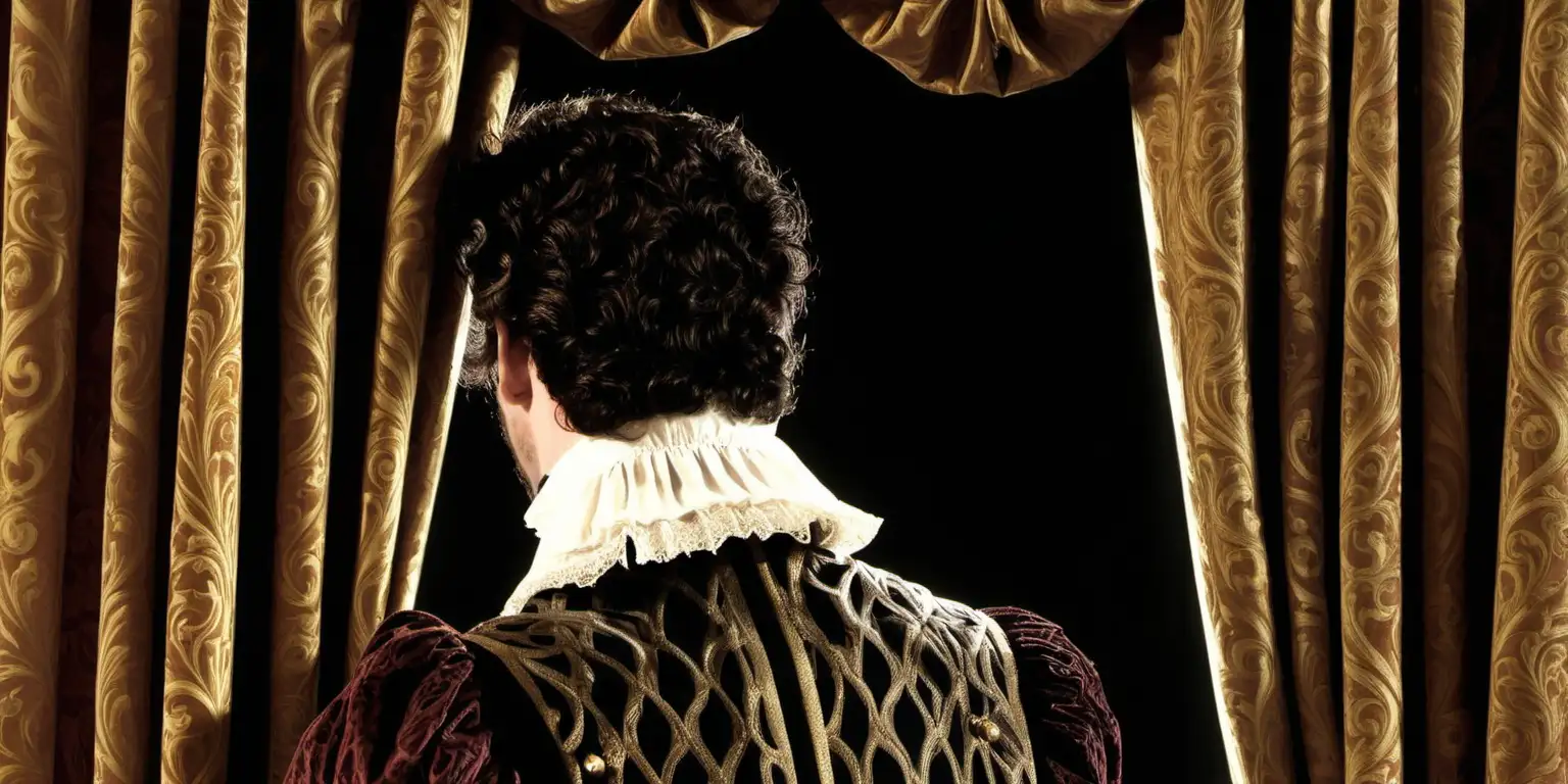 A colour photo taken from behind a man with dark, long brown hair peering around theatre curtains. He is wearing a elaborate Elizabethan costume.  It is 1595.