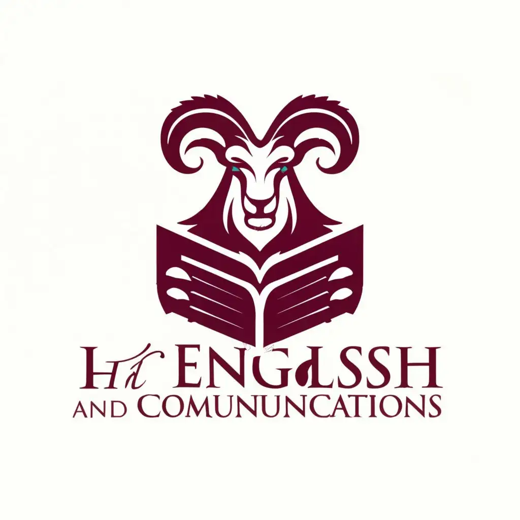 a logo design,with the text "HT English and Communications Dept.", main symbol:Ram with the colors maroon and with a book  or something correlating to English,Moderate,be used in Education industry,clear background