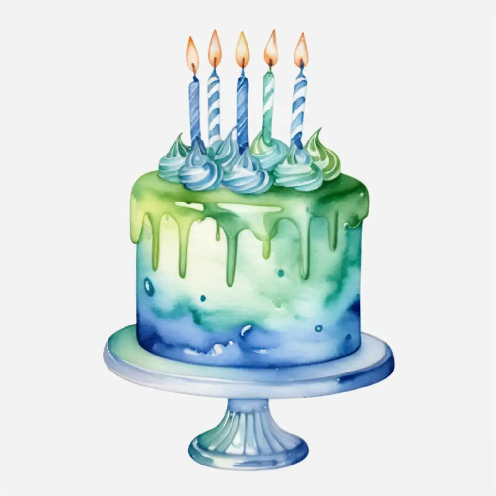 small blue and green watercolor birthday cake on transparent background